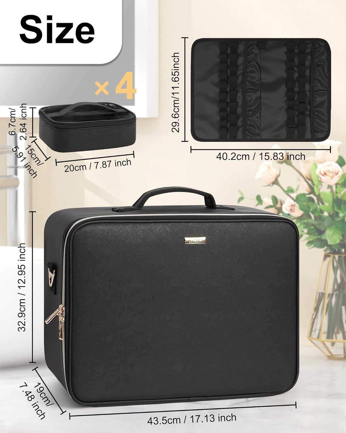 New Extra Large Makeup Case with 4 Clear Bags and Lipstick Plate
