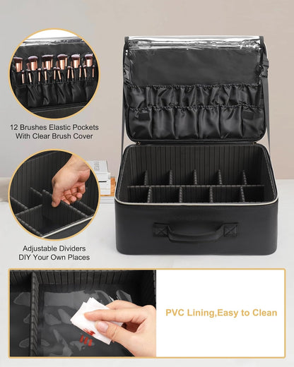 New Extra Large Makeup Case with 4 Clear Bags and Lipstick Plate