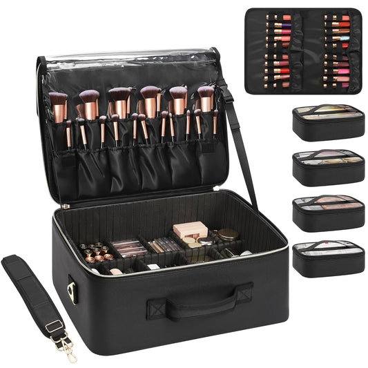 New Extra Large Makeup Case with 4 Clear Bags and Lipstick Plate