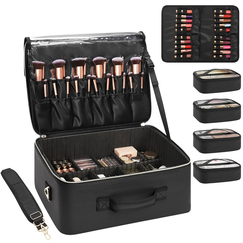 New Extra Large Makeup Case with 4 Clear Bags and Lipstick Plate