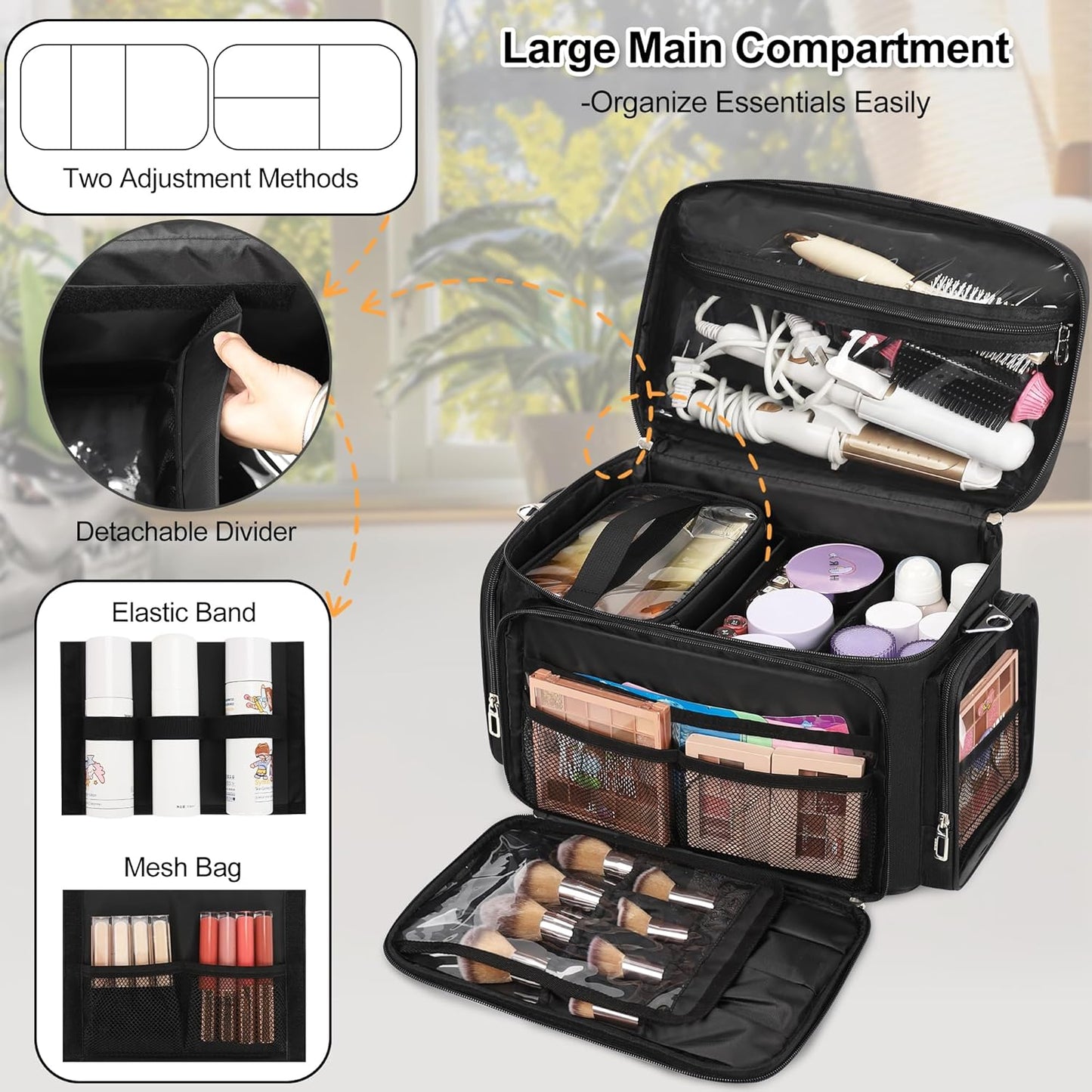 Available for sale in the United States only.Portable Large Makeup Organizer Bag with 2 Pouches & Detachable Dividers