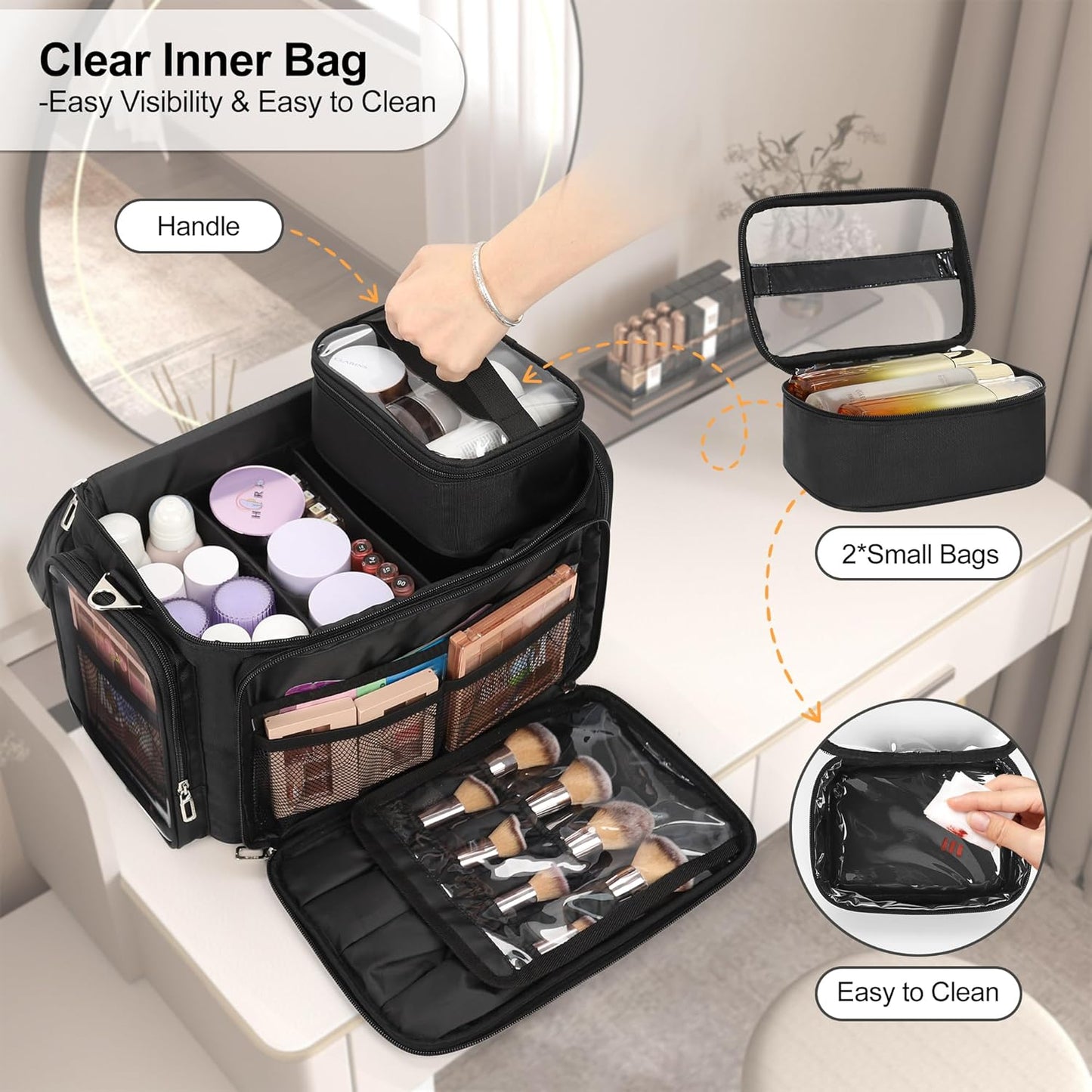 Available for sale in the United States only.Portable Large Makeup Organizer Bag with 2 Pouches & Detachable Dividers