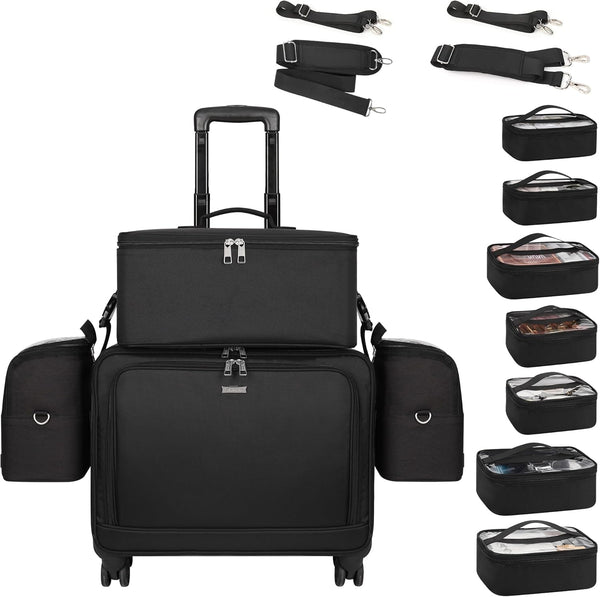 New 360° Rolling Extra Large 4 in 1 Makeup Case with 7 Small Bag