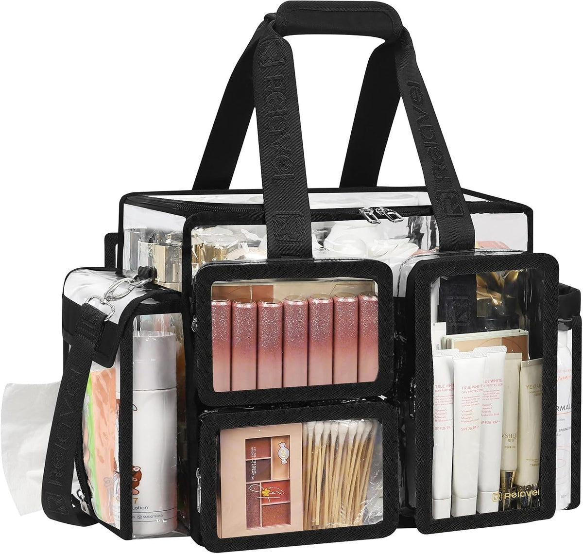 Relavel Clear Large Travel Makeup Shoulder Bag with Adjustable Dividers, Black