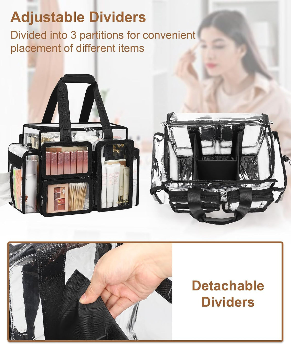Relavel Clear Large Travel Makeup Shoulder Bag with Adjustable Dividers, Black