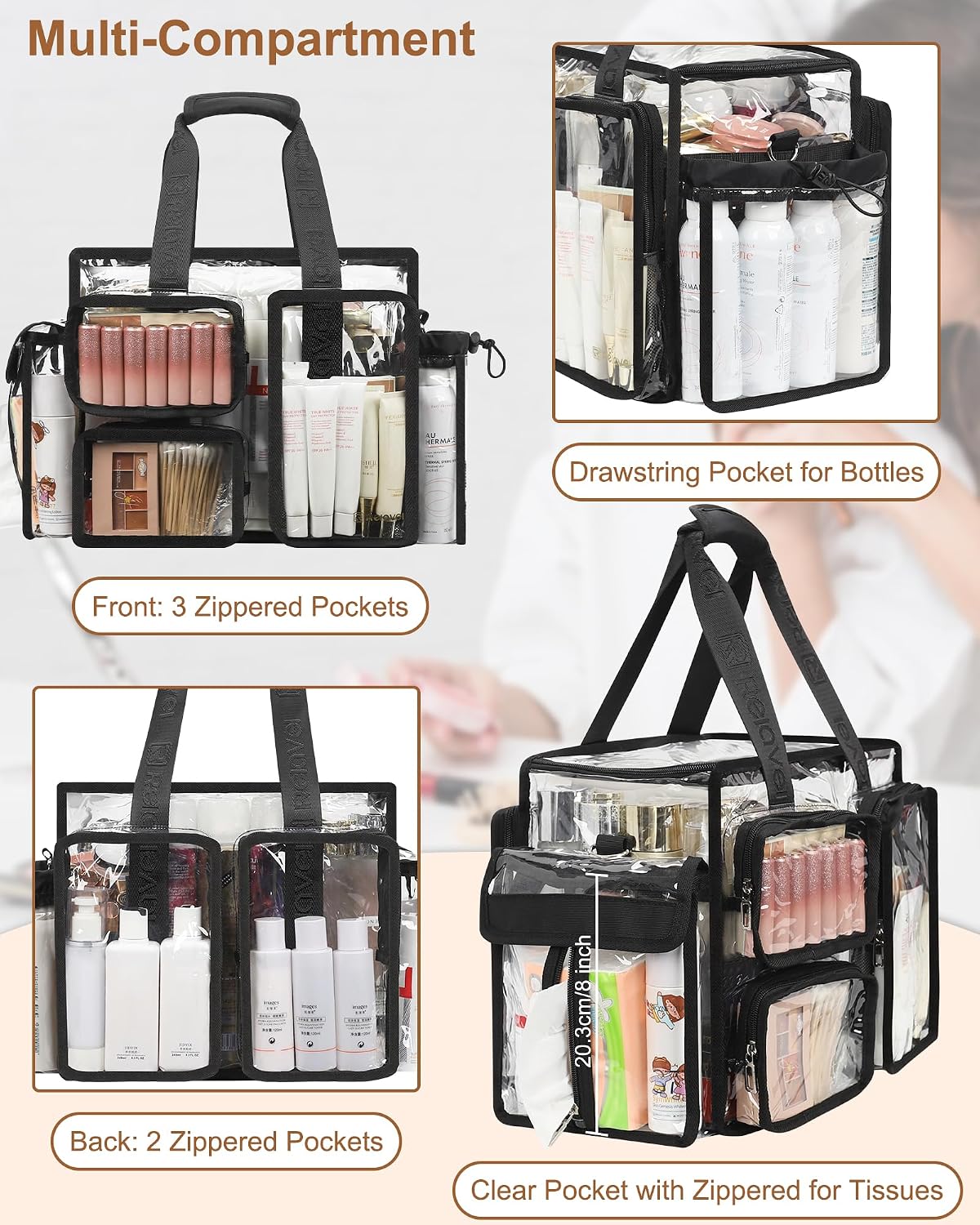 Relavel Clear Large Travel Makeup Shoulder Bag with Adjustable Dividers, Black