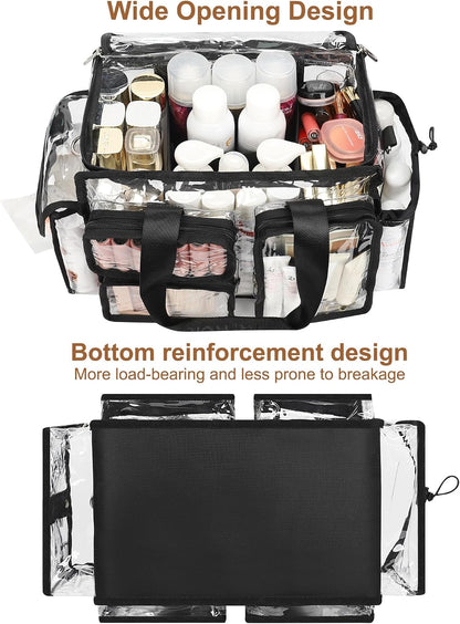 Relavel Clear Large Travel Makeup Shoulder Bag with Adjustable Dividers, Black