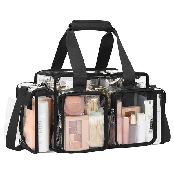 Relavel Clear Travel Makeup Shoulder Bag with Adjustable Dividers, Black
