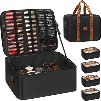 Relavel Dual Handle Extra Large Makeup Case with 4 Clear Bags