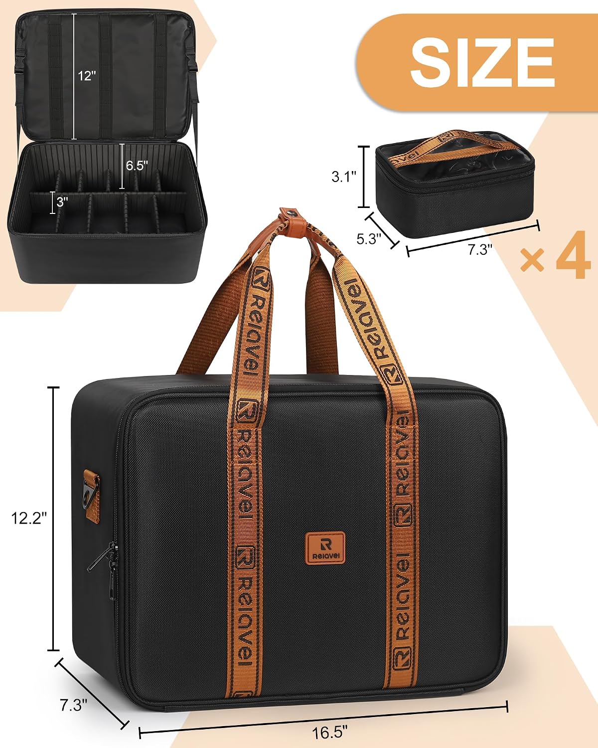 Relavel Dual Handle Extra Large Makeup Case with 4 Clear Bags