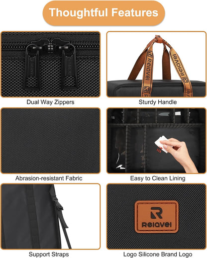 Relavel Dual Handle Extra Large Makeup Case with 4 Clear Bags