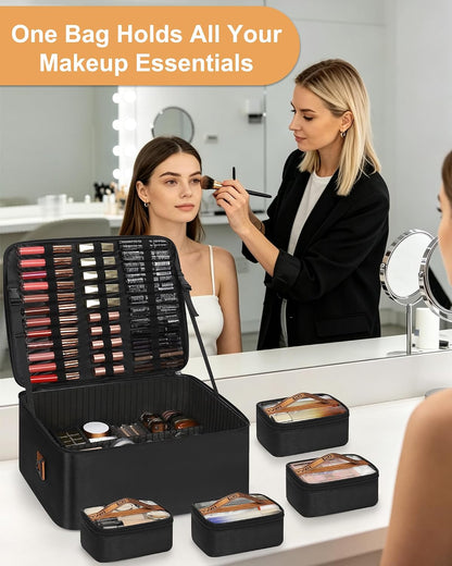 Relavel Dual Handle Extra Large Makeup Case with 4 Clear Bags