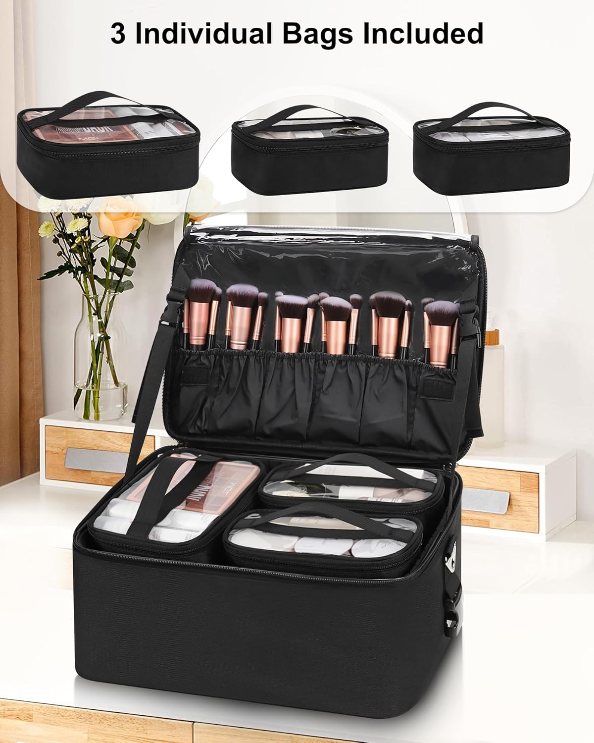 Large Makeup Case with 3 Clear Bags