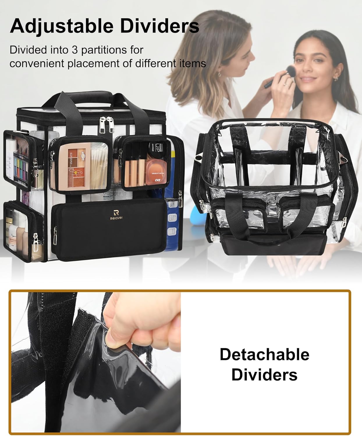 Relavel Large Clear Travel Makeup Bag with Removable Dividers