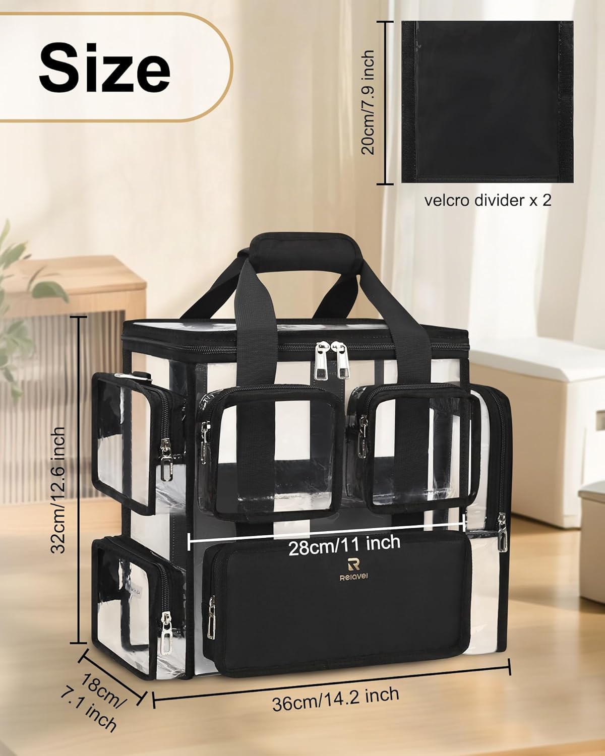 Relavel Large Clear Travel Makeup Bag with Removable Dividers