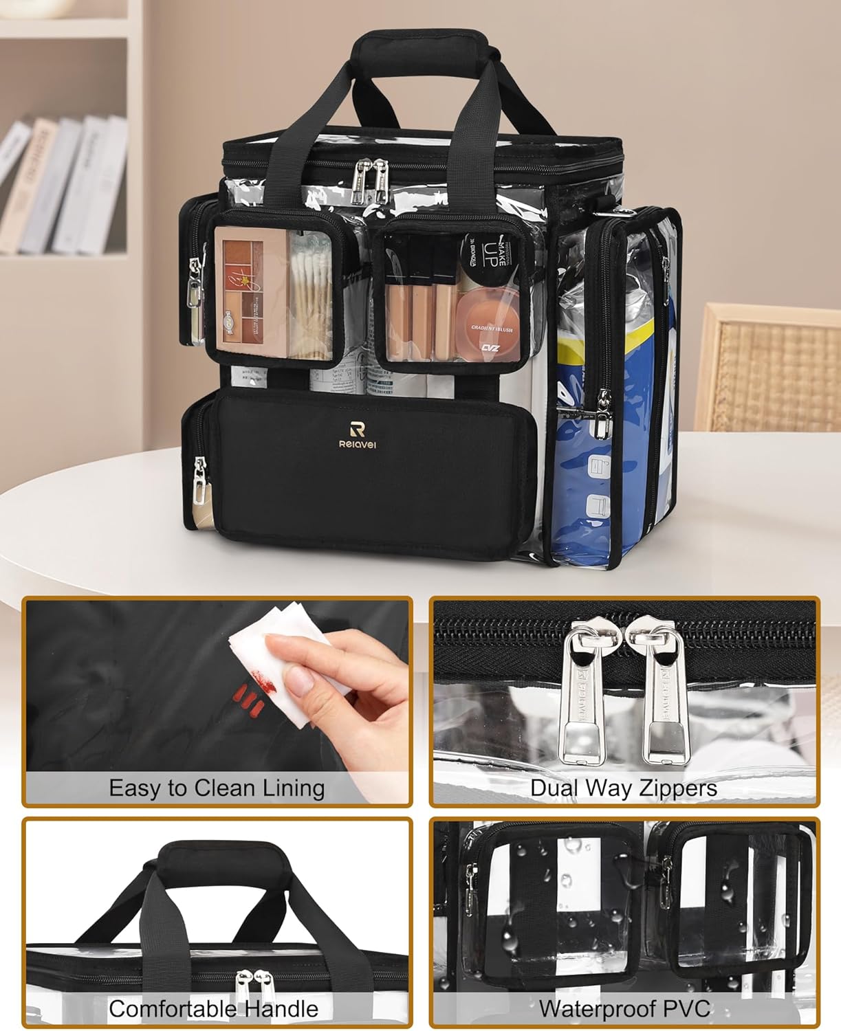 Relavel Large Clear Travel Makeup Bag with Removable Dividers