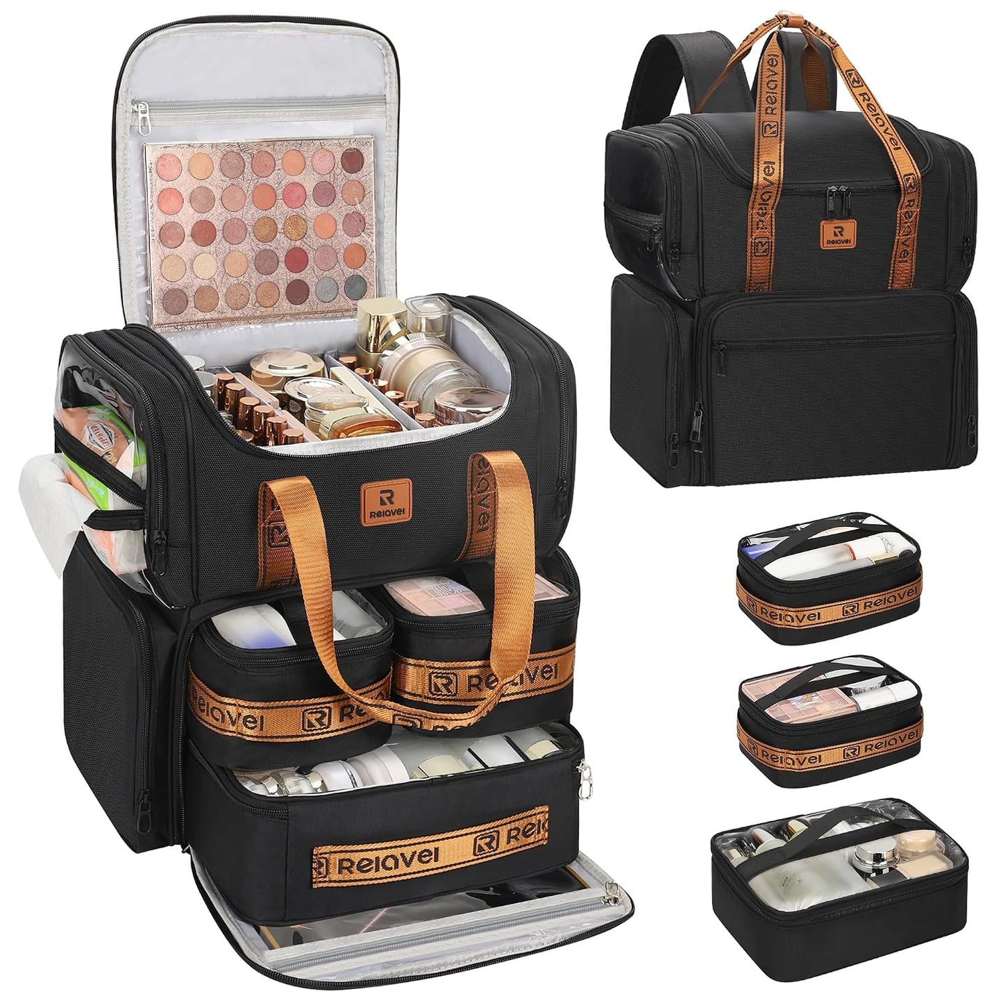 Relavel Large Makeup Backpack with 3 Clear Bags, Black