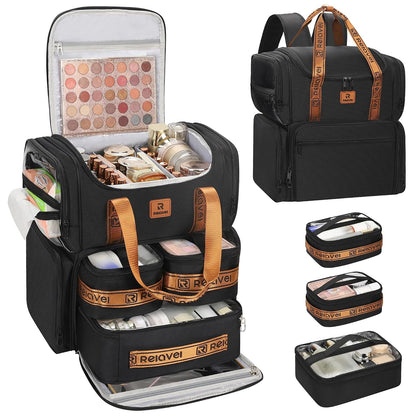 Relavel Large Makeup Backpack with 3 Clear Bags, Black