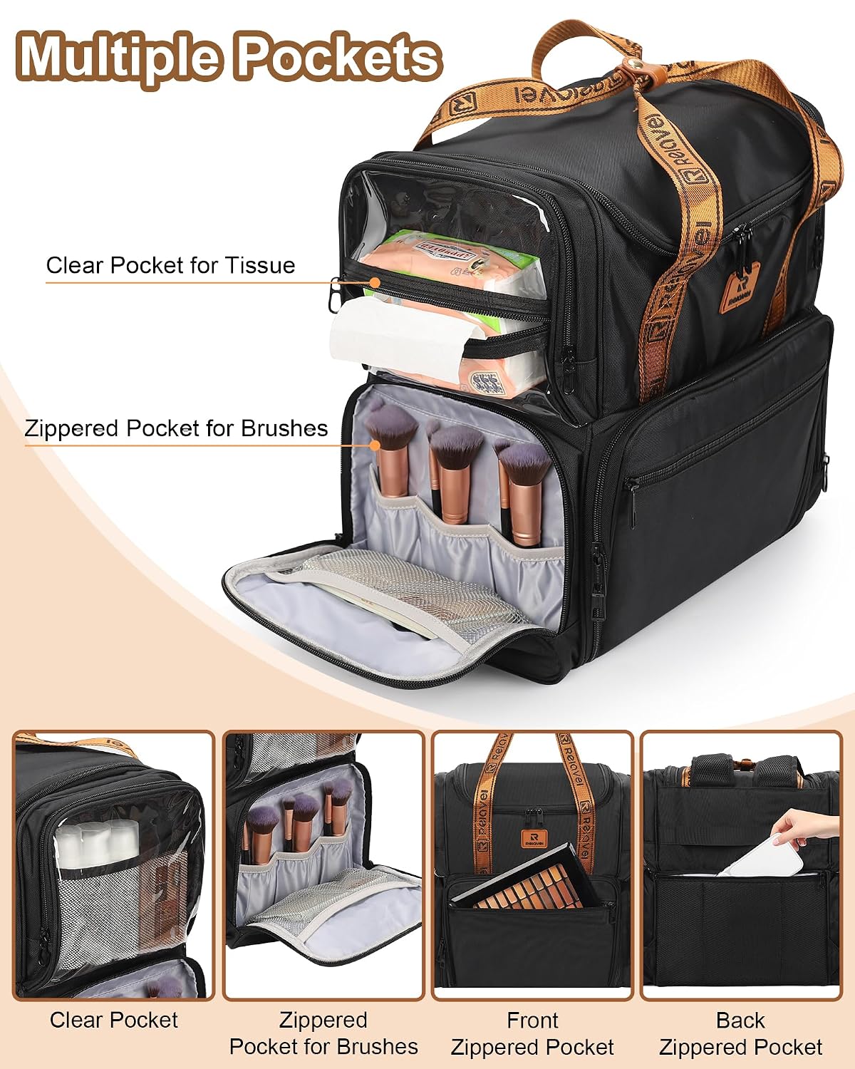 Relavel Large Makeup Backpack with 3 Clear Bags, Black