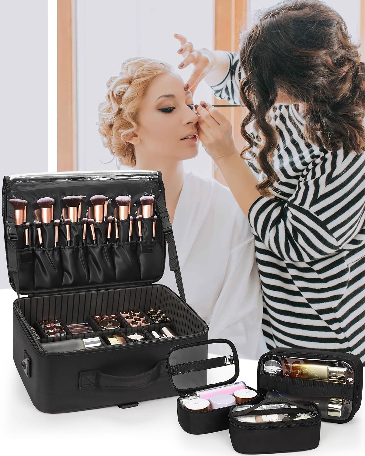 Relavel Large Makeup Case with 3 Clear Set Bags
