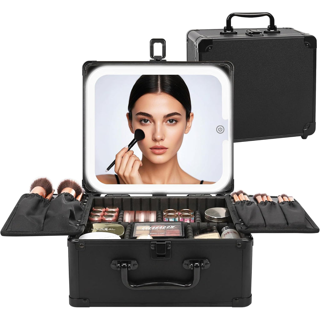 Relavel Makeup Case with Rechargeable Lighted Mirror & Adjustable Dividers, Cosmetic Brush Organizer Storage