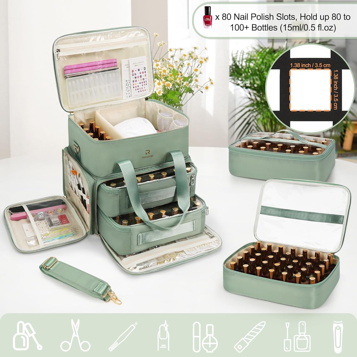 Relavel Nail Polish Organizer, Double Layer Nail Bag Holds 80-100 Bottles (15ml/0.5fl.oz) & Nail Lamp