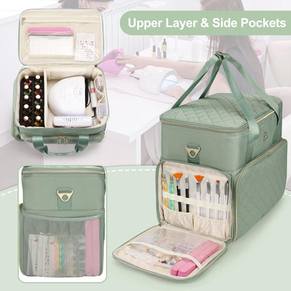 Relavel Nail Polish Organizer, Double Layer Nail Bag Holds 80-100 Bottles (15ml/0.5fl.oz) & Nail Lamp