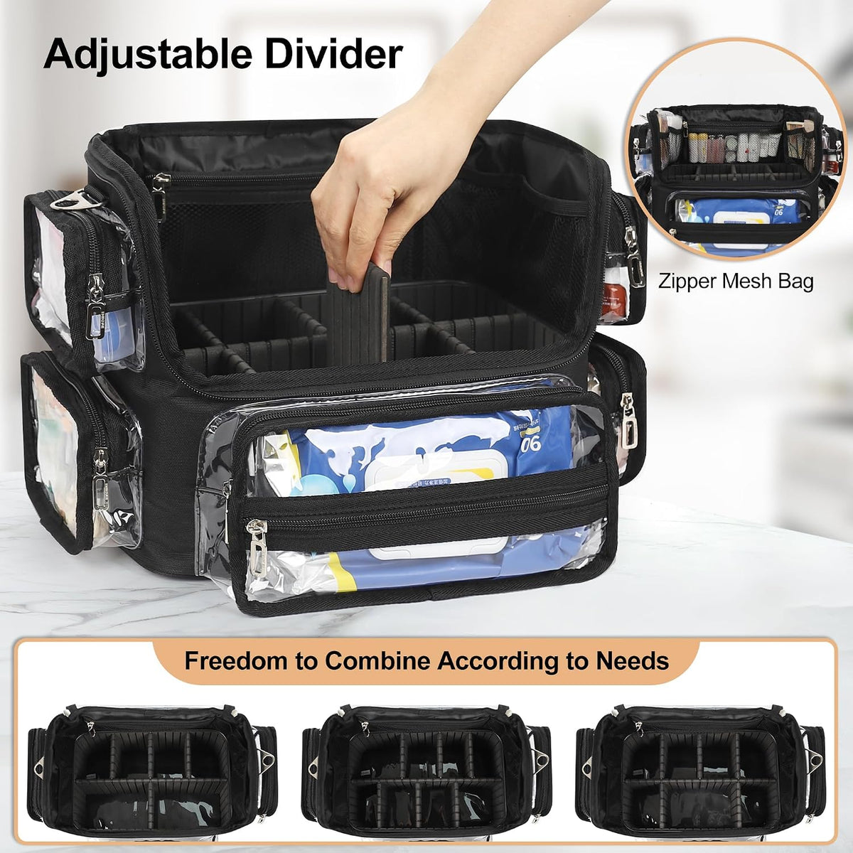 Relavel New Extra Large Clear Makeup Brush Bag with Side Pockets and Dividers