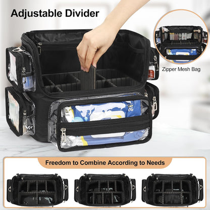 Relavel New Extra Large Clear Makeup Brush Bag with Side Pockets and Dividers