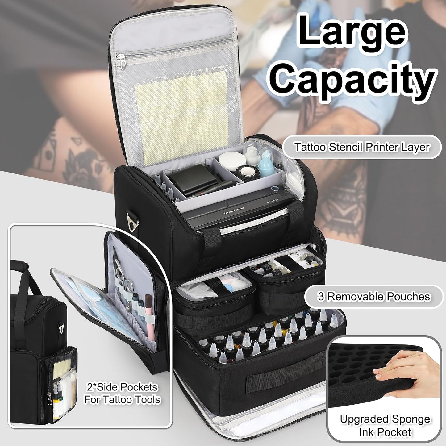 Relavel Portable Travel Pro Tattoo Case with 3 Removable Pouches