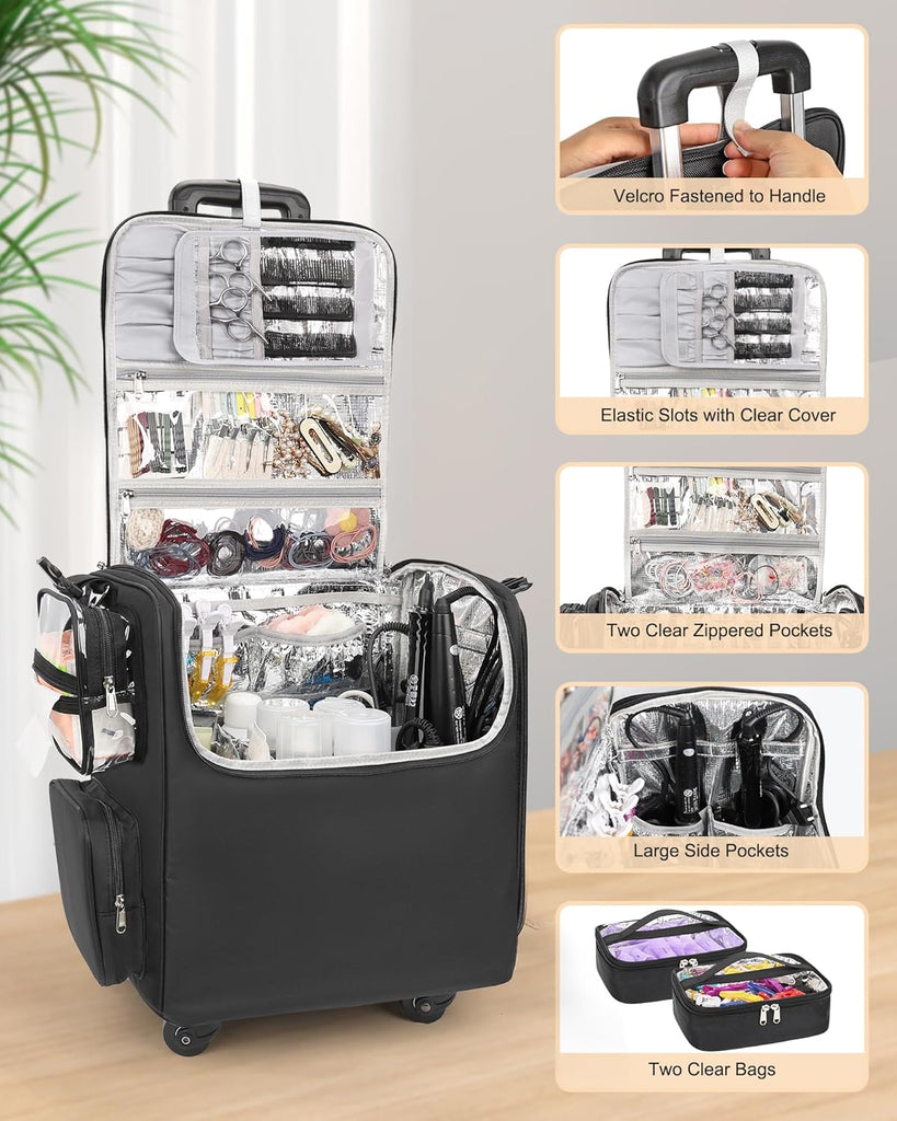 Rolling Hairstylist Makeup Train Case with 4 Wheels Relavelbag