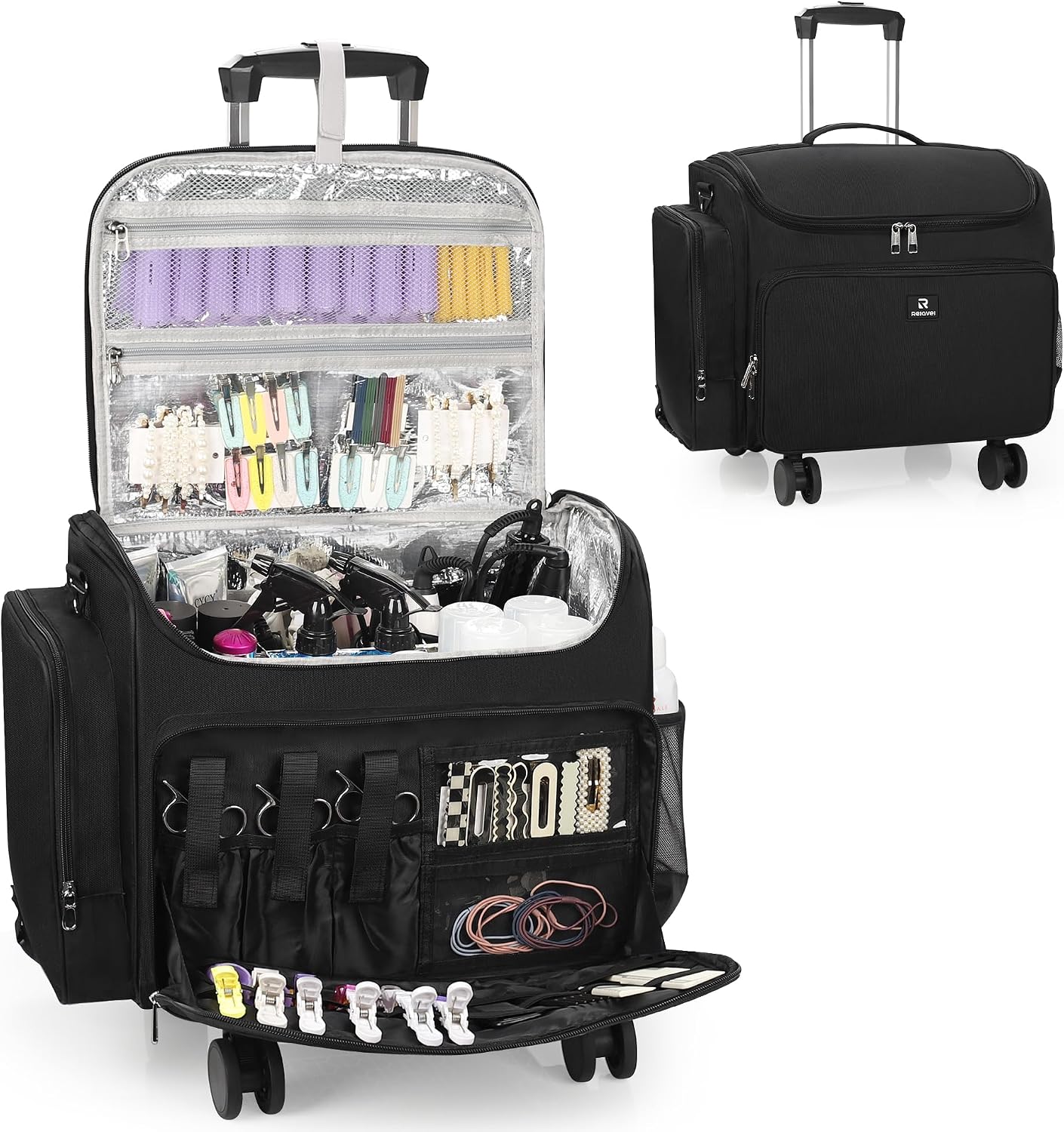 Relavel Rolling Horizontal  Hair Tools Travel Makeup Case With a Removable, Foldable Pull Rod and 4 Removable 360° Spinner Wheels