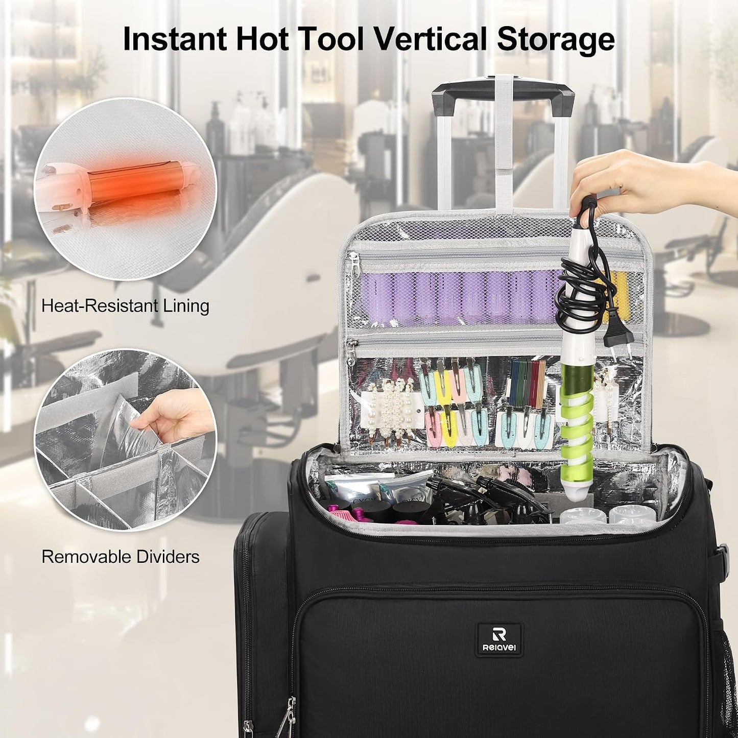 Relavel Rolling Horizontal  Hair Tools Travel Makeup Case With a Removable, Foldable Pull Rod and 4 Removable 360° Spinner Wheels