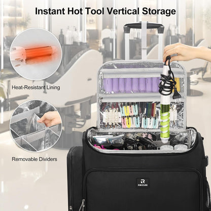 Relavel Rolling Horizontal  Hair Tools Travel Makeup Case With a Removable, Foldable Pull Rod and 4 Removable 360° Spinner Wheels