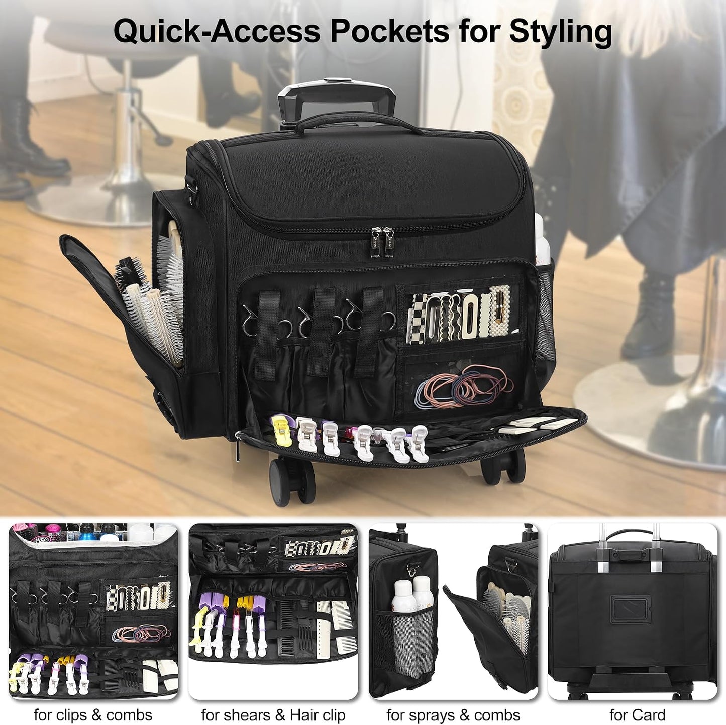 Relavel Rolling Horizontal  Hair Tools Travel Makeup Case With a Removable, Foldable Pull Rod and 4 Removable 360° Spinner Wheels