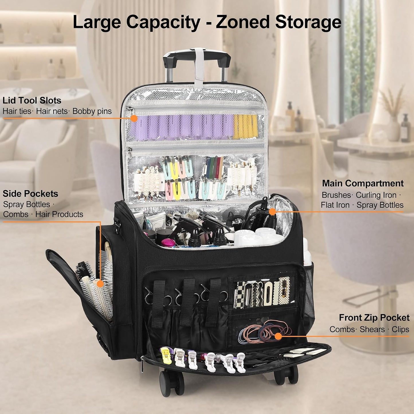 Relavel Rolling Horizontal  Hair Tools Travel Makeup Case With a Removable, Foldable Pull Rod and 4 Removable 360° Spinner Wheels