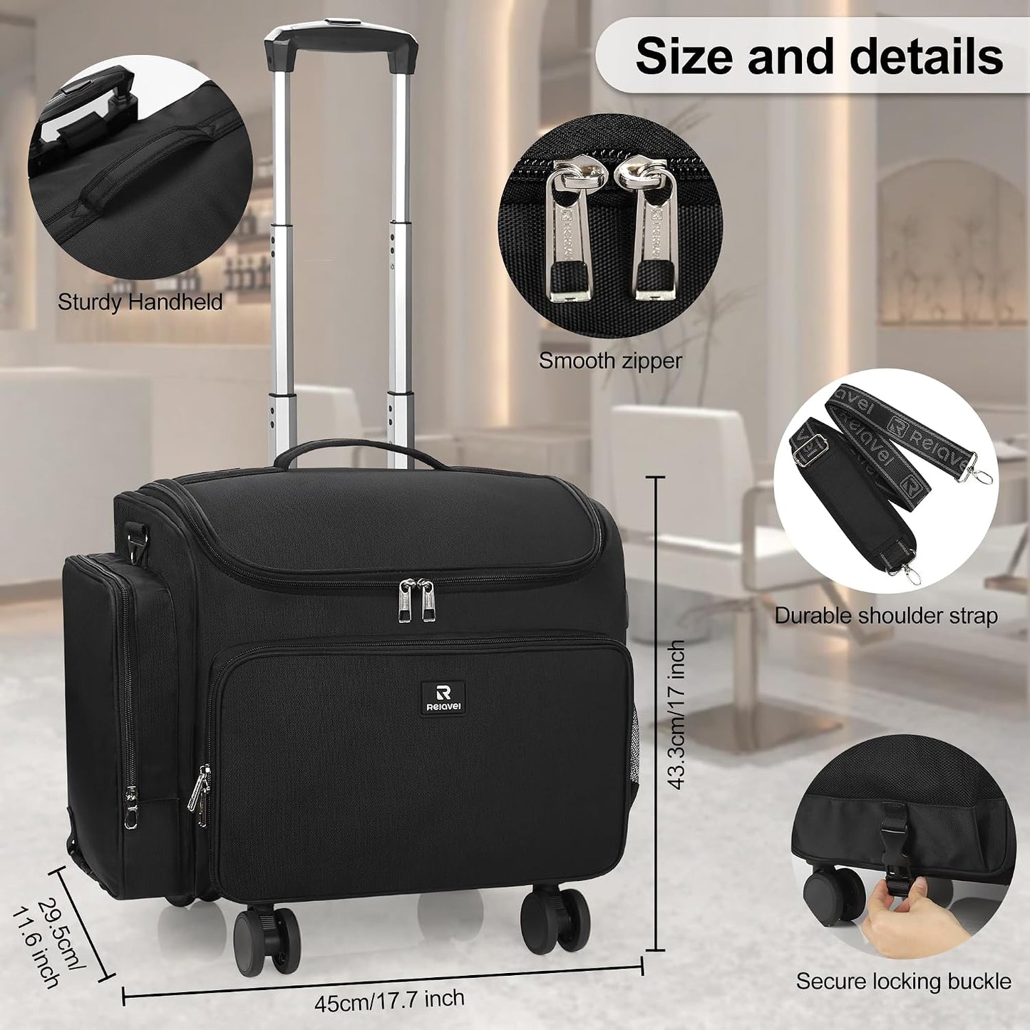 Relavel Rolling Horizontal  Hair Tools Travel Makeup Case With a Removable, Foldable Pull Rod and 4 Removable 360° Spinner Wheels