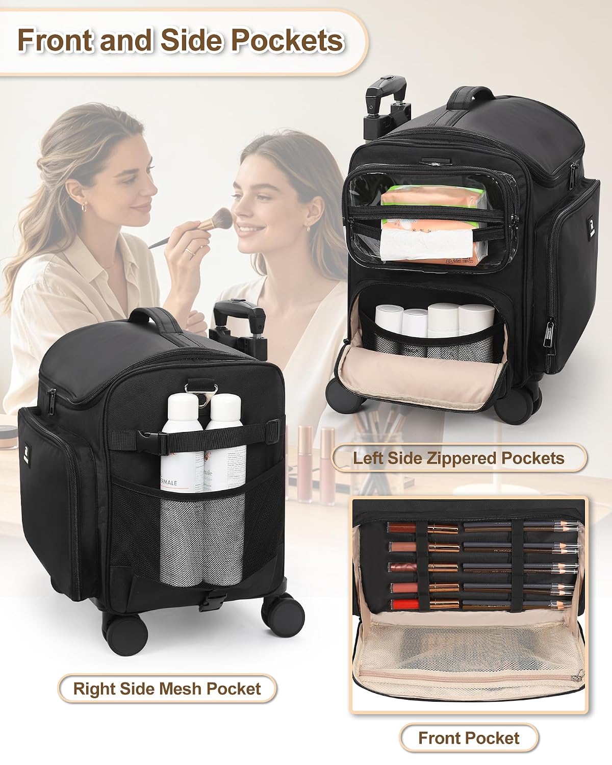 Relavel Rolling Horizontal Makeup Case With a Removable, Foldable Pull Rod and 4 Removable 360° Spinner Wheels