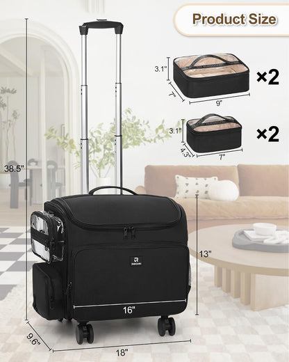 Relavel Rolling Horizontal Makeup Case With a Removable, Foldable Pull Rod and 4 Removable 360° Spinner Wheels