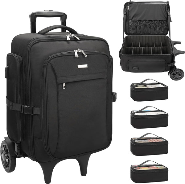 Rolling Extra Large Professional Trolley Makeup Backpack With 4 Small Bags, Detachable Trolley And Large Wheels