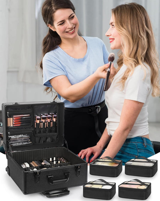 Available for sale in the United States only.Relavel Rolling Makeup Case with 6 Clear Bags and 4 detachable 360° Spinner Wheels