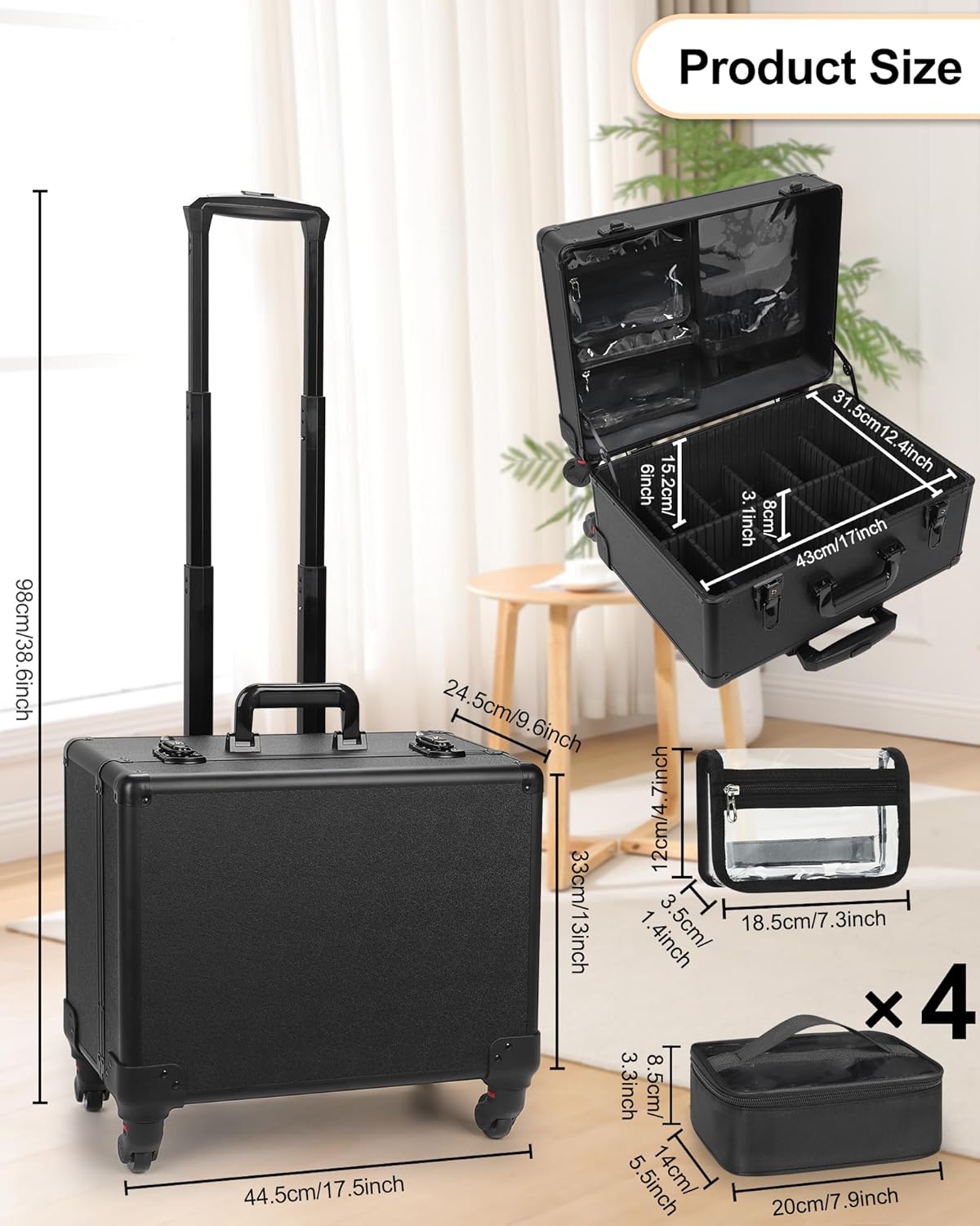 Available for sale in the United States only.Relavel Rolling Makeup Case with 6 Clear Bags and 4 detachable 360° Spinner Wheels