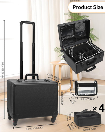 Available for sale in the United States only.Relavel Rolling Makeup Case with 6 Clear Bags and 4 detachable 360° Spinner Wheels