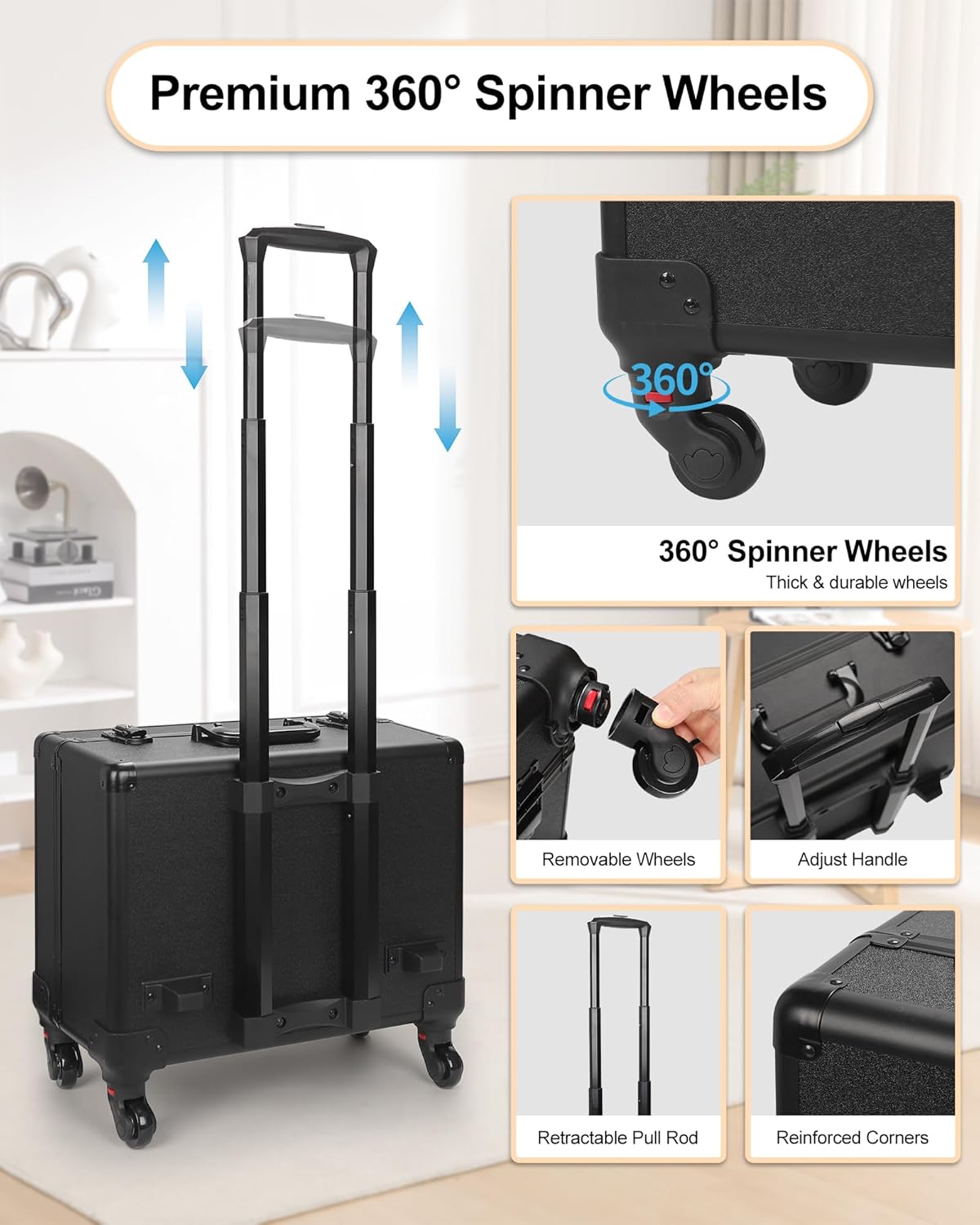 Available for sale in the United States only.Relavel Rolling Makeup Case with 6 Clear Bags and 4 detachable 360° Spinner Wheels