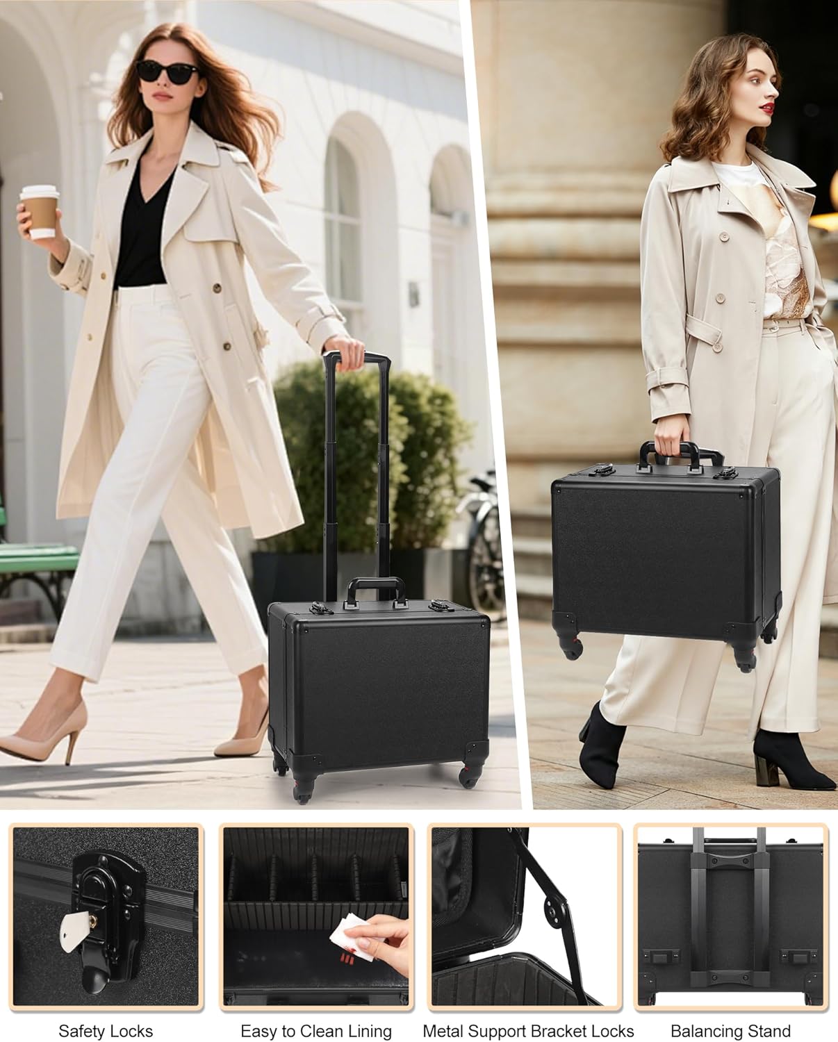 Available for sale in the United States only.Relavel Rolling Makeup Case with 6 Clear Bags and 4 detachable 360° Spinner Wheels