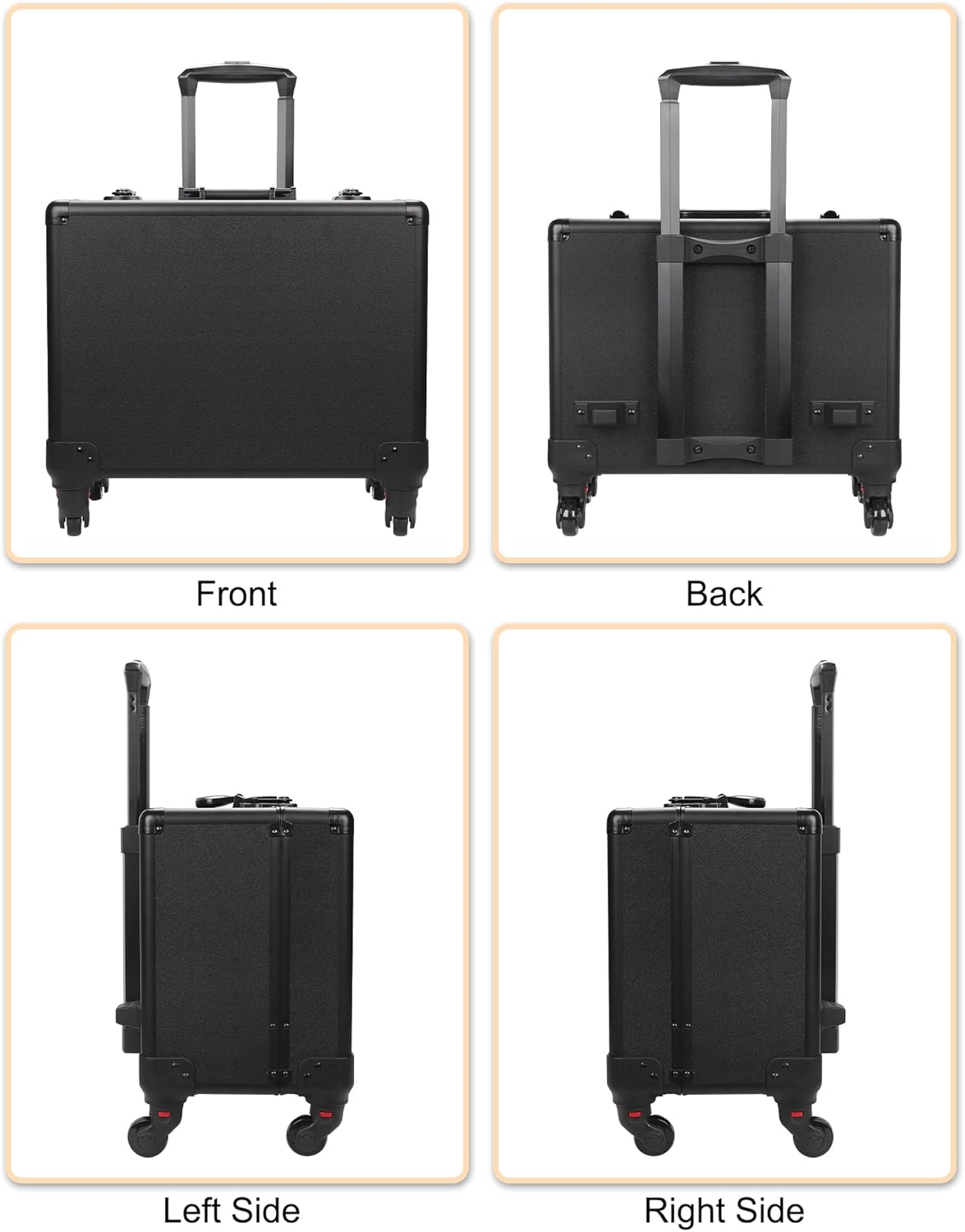 Available for sale in the United States only.Relavel Rolling Makeup Case with 6 Clear Bags and 4 detachable 360° Spinner Wheels