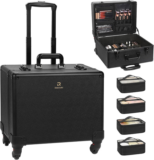 Relavel Rolling Makeup Case with 6 Clear Bags and 4 detachable 360° Spinner Wheels