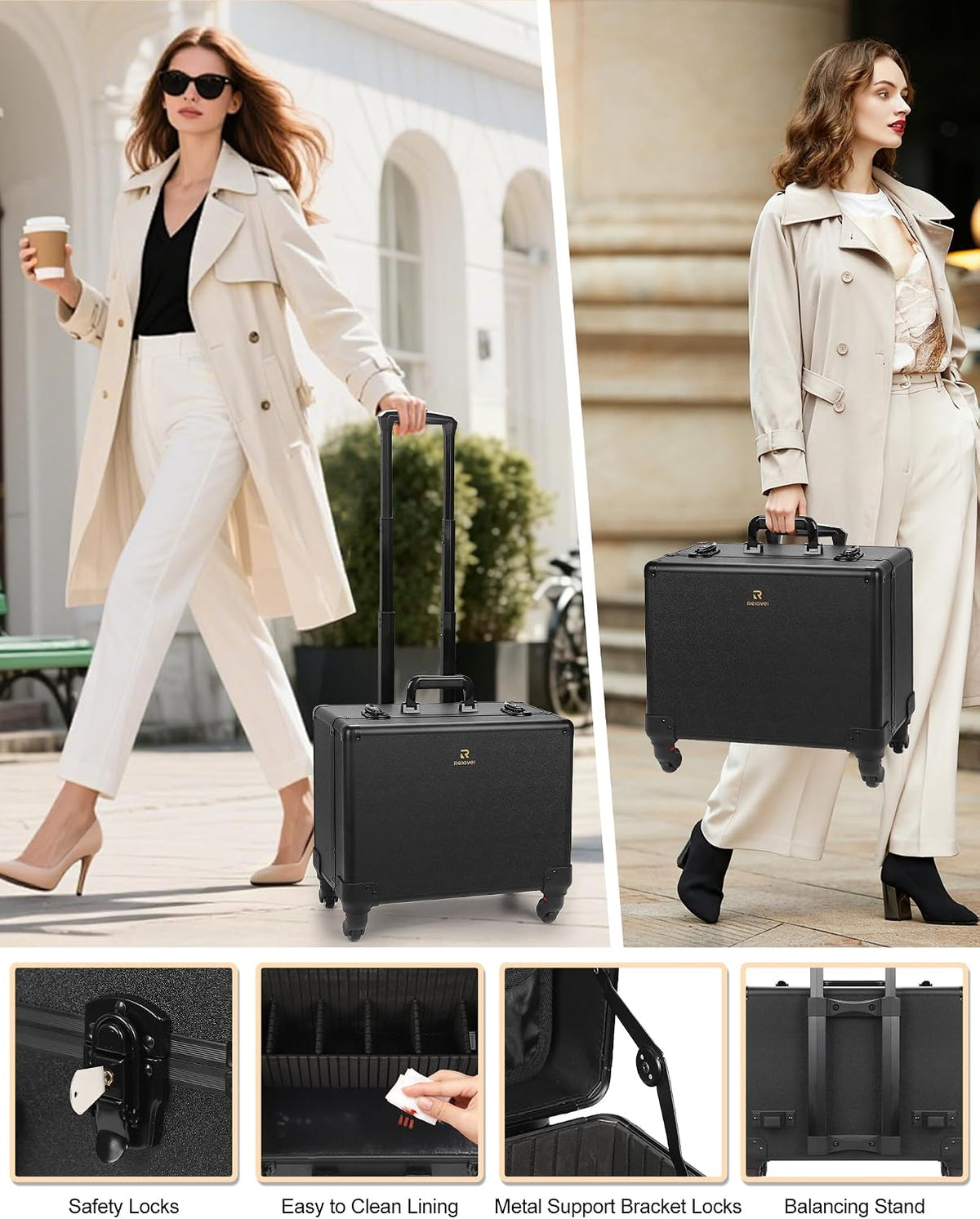 Relavel Rolling Makeup Case with 6 Clear Bags and 4 detachable 360° Spinner Wheels