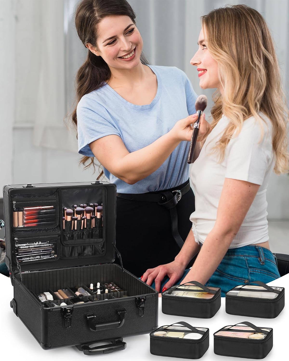 Relavel Rolling Makeup Case with 6 Clear Bags and 4 detachable 360° Spinner Wheels
