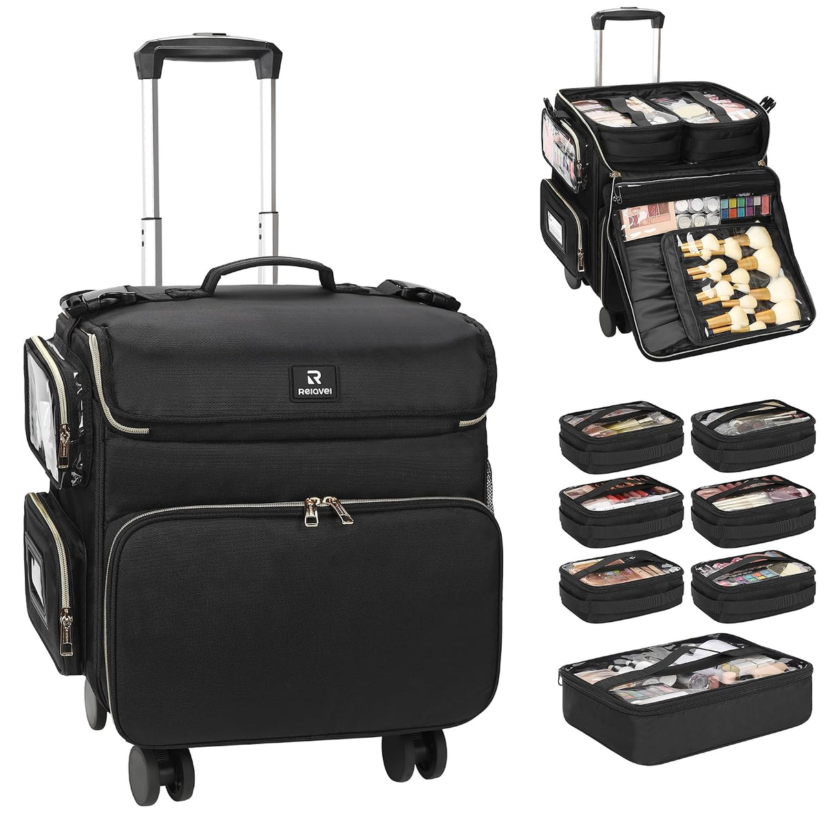 Relavel Rolling Makeup Train Case with 7pcs Traveling Bags and 4 Removable 360° Spinner Wheels
